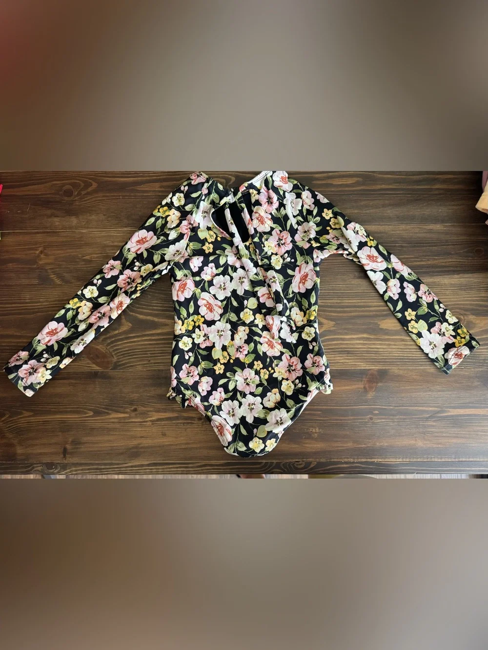 Girl’s Floral Long Sleeve One-Piece Swimsuit - Black with Pink & Cream Flowers